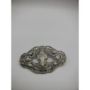 Vintage Silver Tone Womens Dress Pin Brooch Ornate Flor De Lis